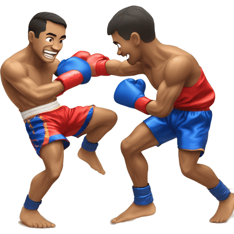 A Muay Thai Boxer wearing blue shorts knocking out his smiling opponent wearing red shorts emoji