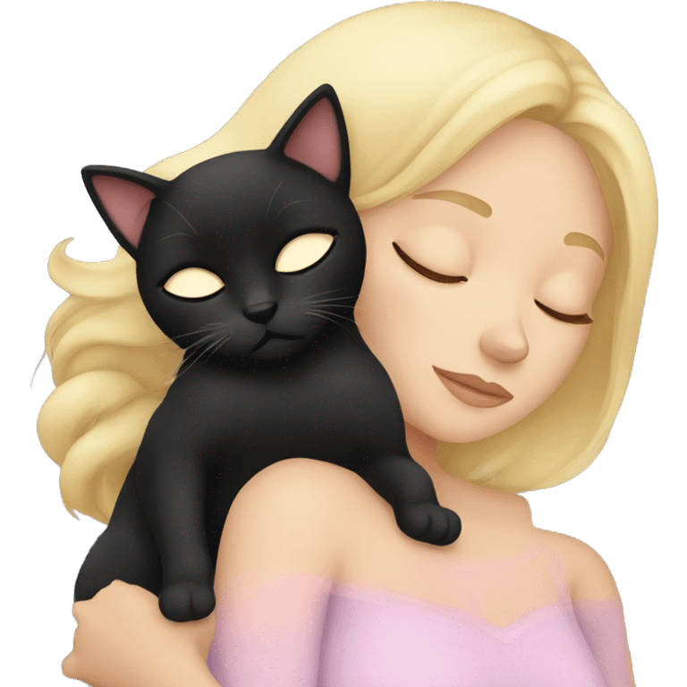 Blonde girl sleeping with black cat emoji