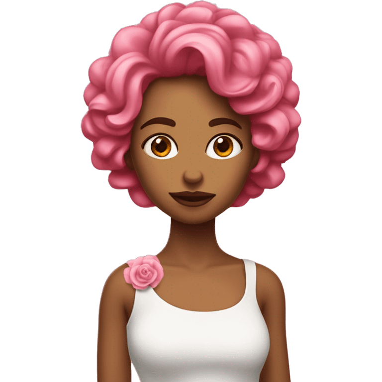 Chica pelo rizado con una rosa rosa emoji