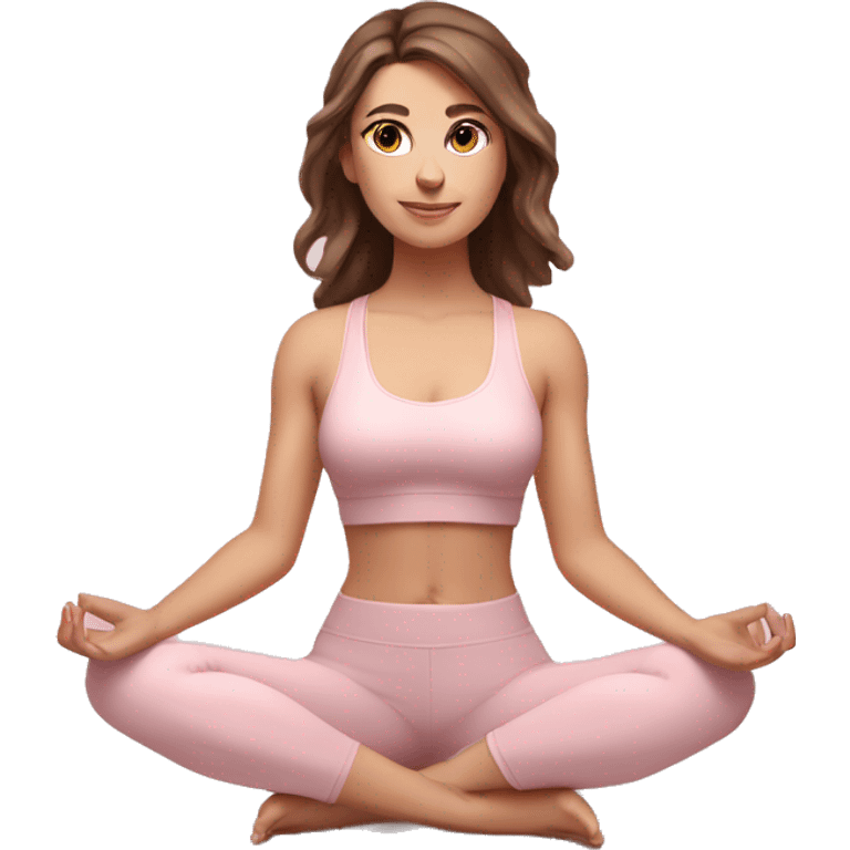 Aesthetic Ukrainian yoga girl with brown hair in light pink yoga outfit. Full body  emoji