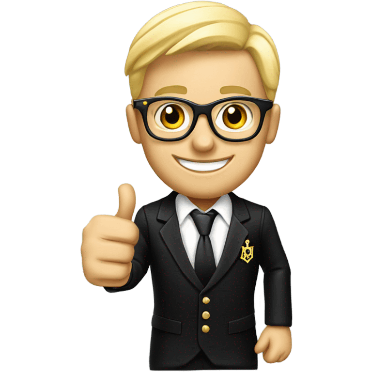 A modern blond , wearing glasses, English Freemason in a black lounge suit, giving a thumbs up , and smiling. He is wearing a Masonic jewel emoji