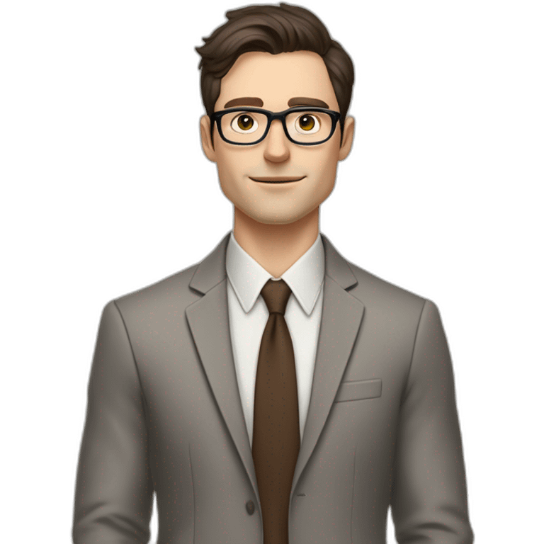 Pale skinned fit man with dark brown hair in gray jacket, beige office shirt, brown tie, brown pants and vintage glasses Writing on the flipchart emoji