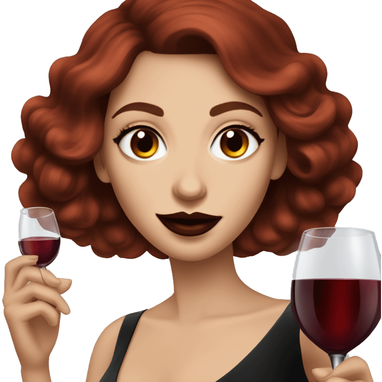 Dark red haired beautiful white women with dark red lips and brown eyes drinking wine in a black gown emoji