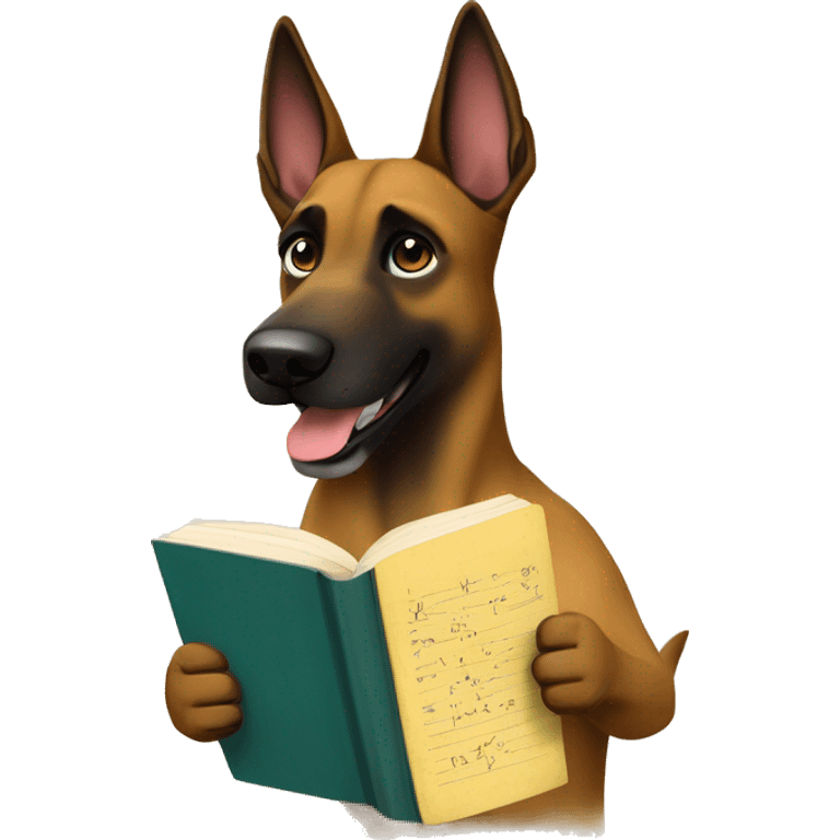 malinois prends des notes avec un livre emoji