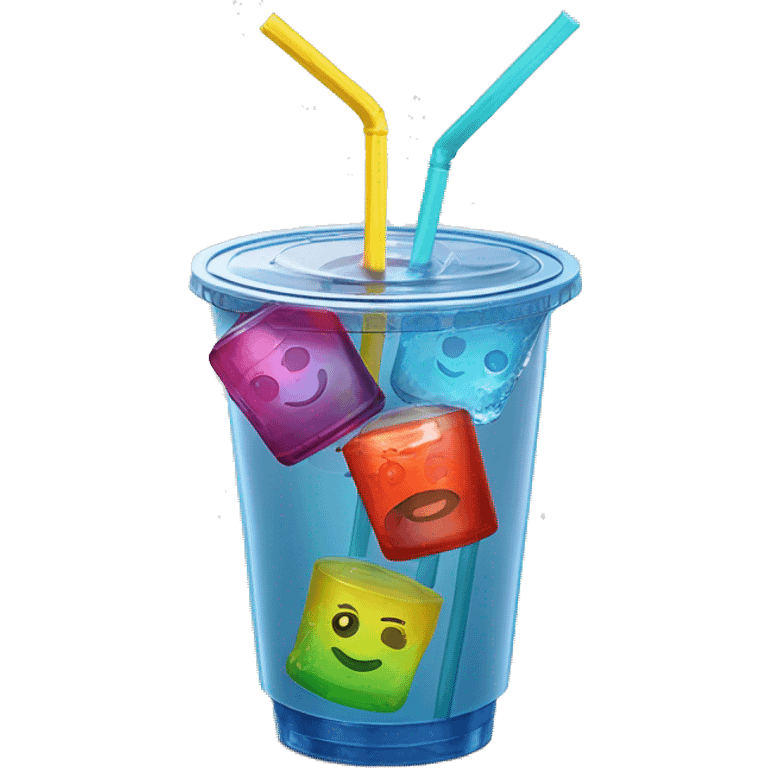 Realistic plastic cup and lid with colored soda and large ice cubes inside and colorful straw poked through the top of the lid. emoji