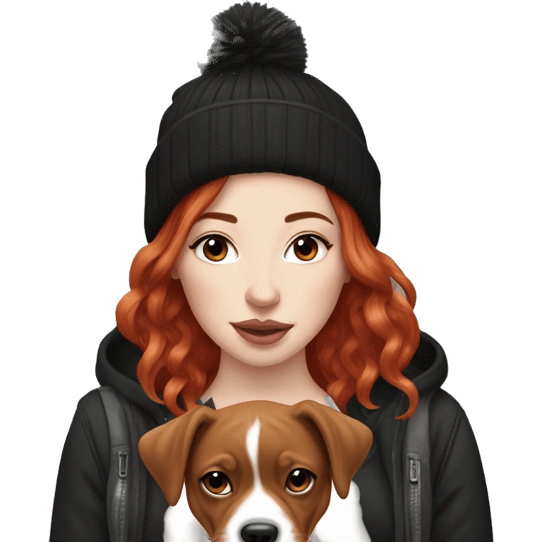 Long Red haired woman in beanie with septum piercing holding black and white English Staffordshire puppy emoji