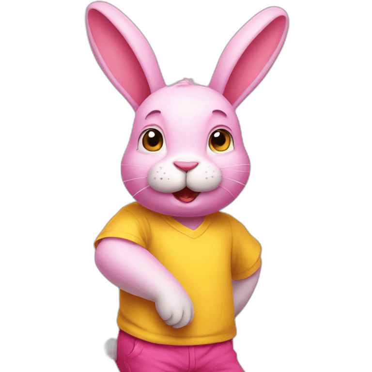 pink rabbit in yellow teeshirt shrugging shoulders emoji