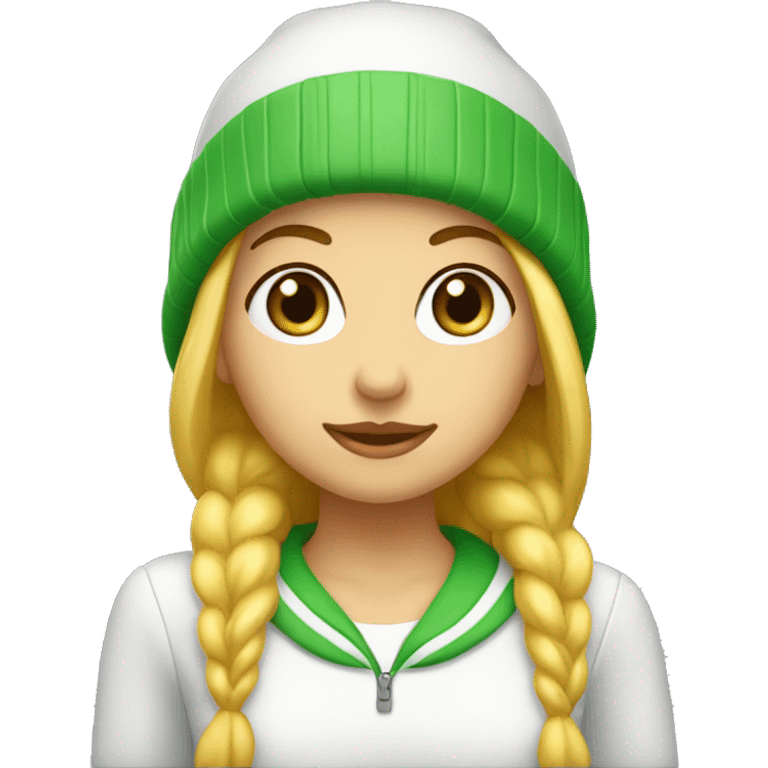 Chica con pelo largo rubio y un gorro de pelo blanco piel blanca , ojos verdes emoji