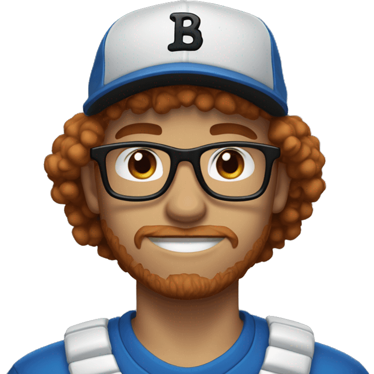 30 years old, male, red hair, curly hair, glasses, black baseball hat, blue eyes, pale complexion, stubble facial hair emoji