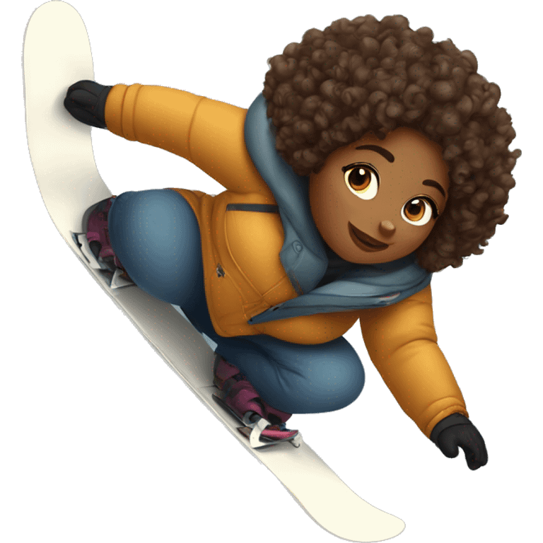 Plus size women with brown skin and curly hair snowboarding  emoji