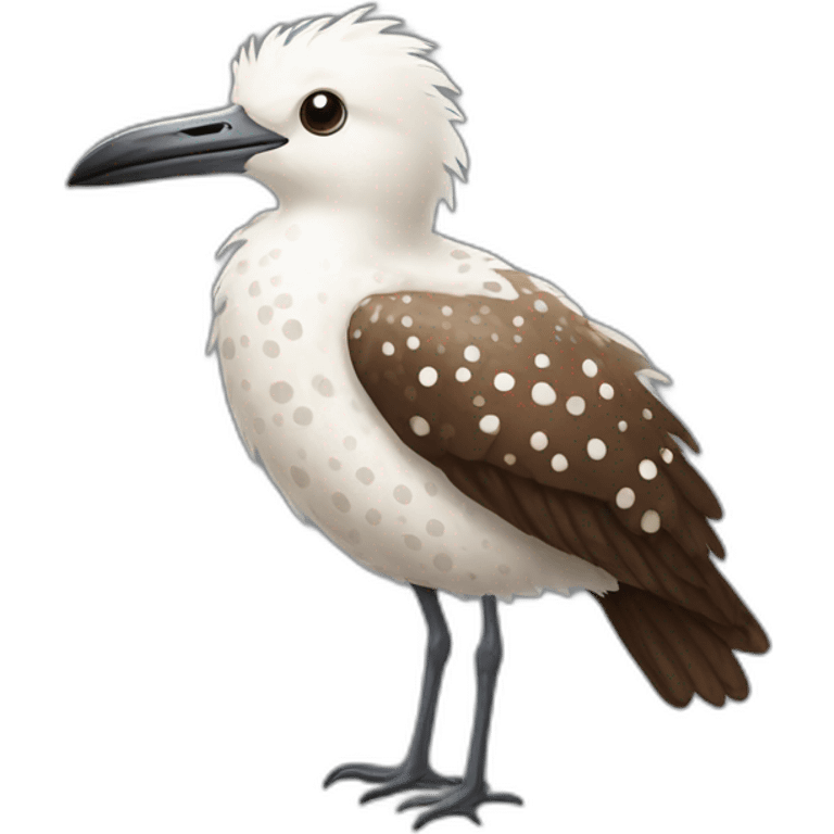 fluffy wet brown speckled sea bird with white spots and long legs and beak emoji