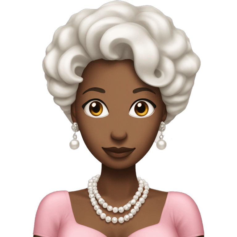 Black woman with white coily hair and silver eyes. Wearing a pearl necklaces and earrings with a pink dress adorned in pearls are sea shells emoji