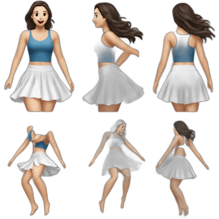 Hyperrealistic Full body Caucasian curvy beauty jumping short white skirt back and front views strong wind knickers emoji