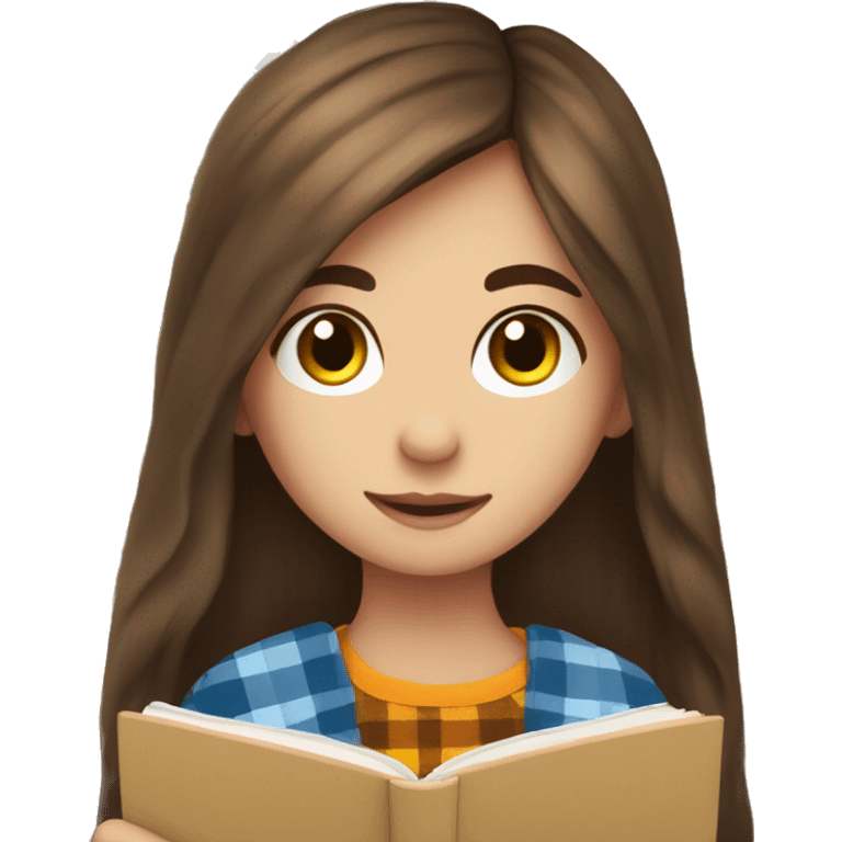 Cute girl with long brown hair reading with a checkered blanket emoji