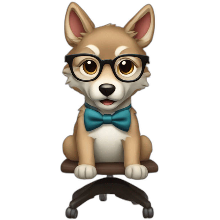 a wolf cub with glasses and a bow tie sits on a chair with a computer. emoji