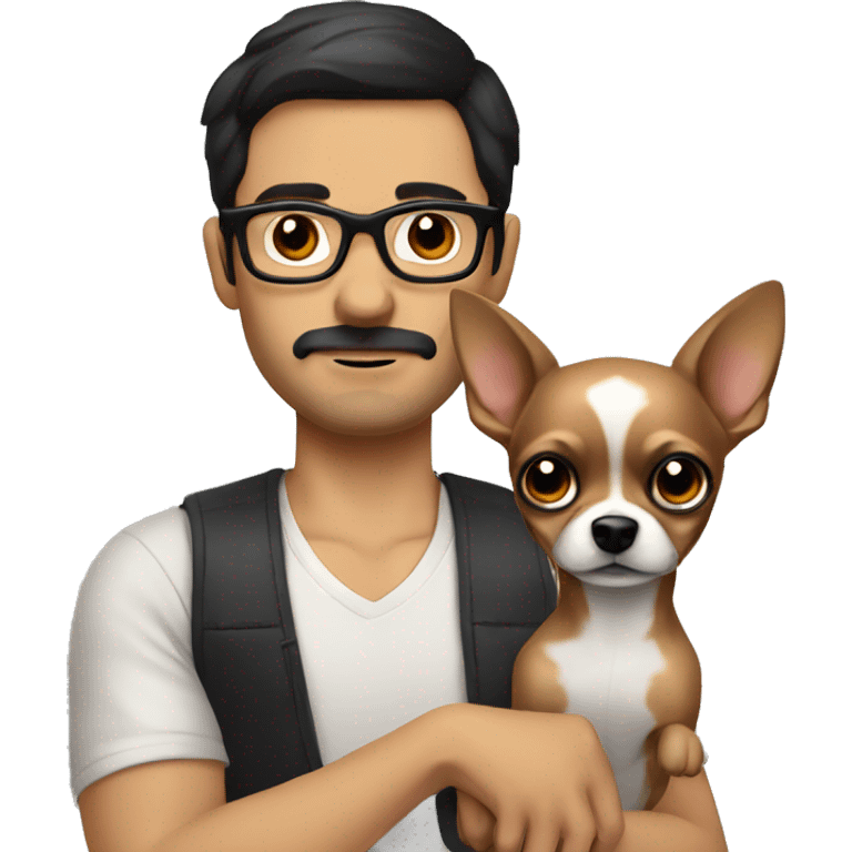 dark hair dark eye man with short mustache wearing glasses holding chihuahua emoji