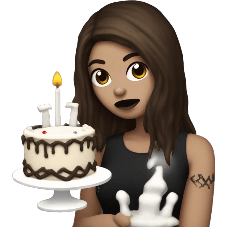 goth metallica white skin brown hair girl with a birthday cake  emoji