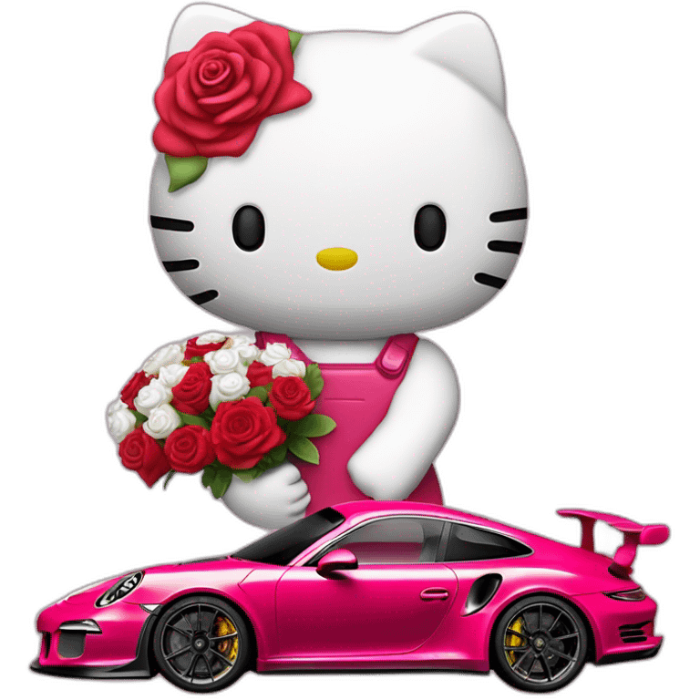 Hello kitty with porsche 911 gt3rs and bouquet of rose red in the hand emoji