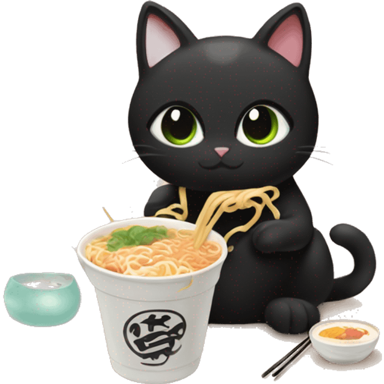 black cat eating ramen noodles and boba tea beside emoji