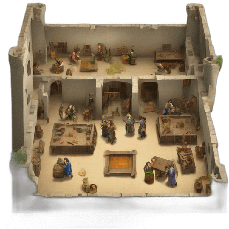 open floor plan of a medieval mint showing different people working emoji