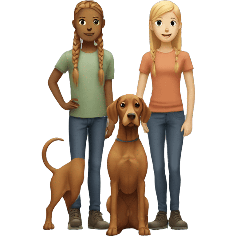 Two vizslas standing side by side with blond girl with braids emoji