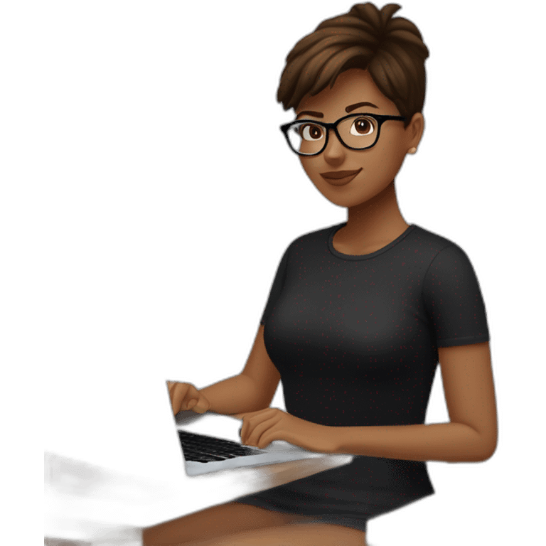 Young woman with short brown hair, slightly tanned, wearing a black tshirt and transparent oval glasses, wearing an Apple Watch and working on a MacBook Pro emoji