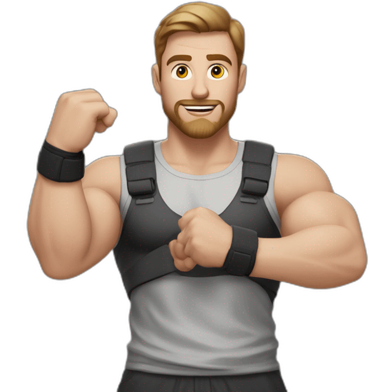 Close up Actively gesturing  with hands Pale skinned Fit Man With the biceps and brown hair in dark gray Sleeveless Mike, black oversize sports shorts, watch and white Sneakers emoji