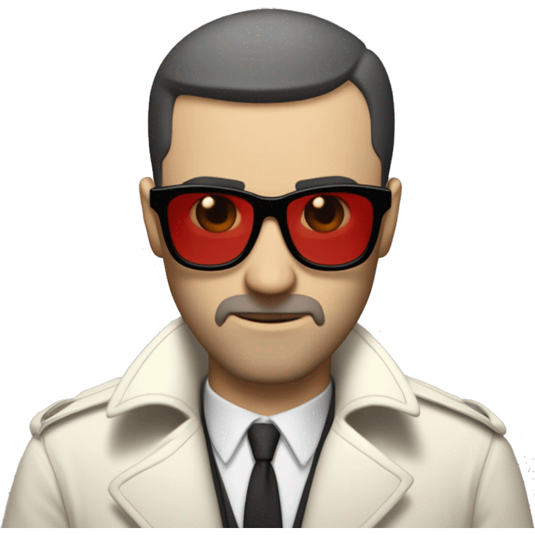 <excerpt>
A white man with real buzz cut Black hair, beard stubble donning small red tinted sun glasses in a dirty white trench coat, is serious.
</excerpt> emoji