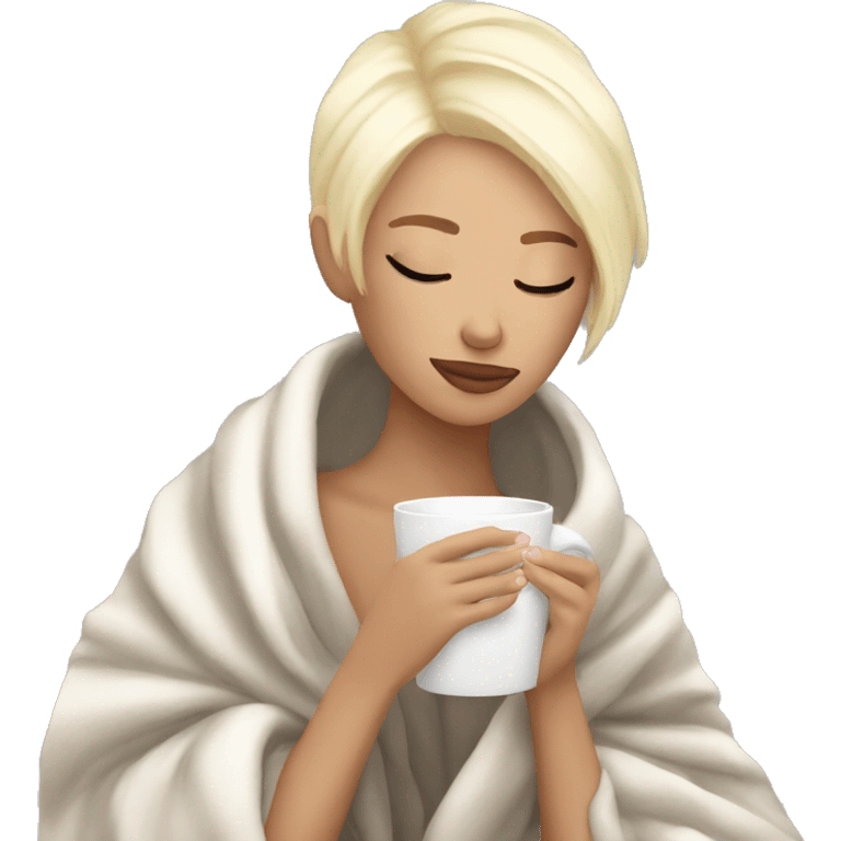 Platinum blonde short hair girl inside a blanket sipping coffee eyes closed emoji