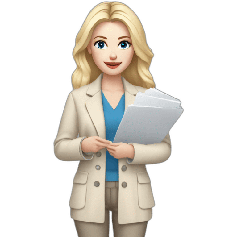 pale skin woman interior designer with cold blonde middle length hair, blue eyes, beige blouse, White oversize jacket, Gray skirt holding a color palette in the hands emoji