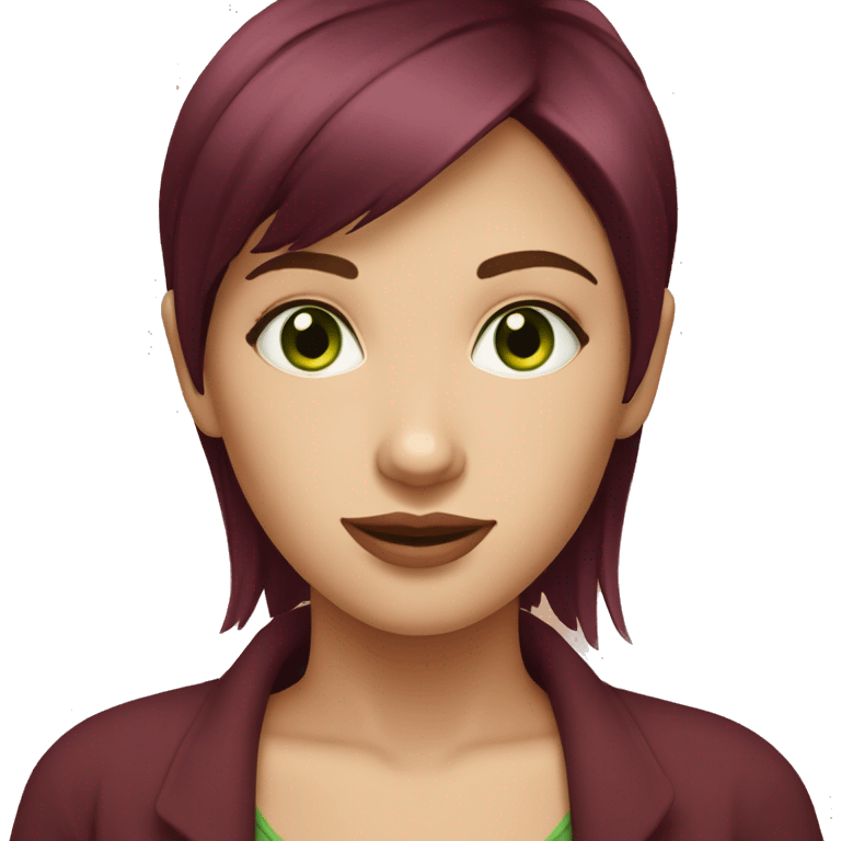 Girl with fair skin, burgundy short shag haircut, green eyes, oval face.  emoji