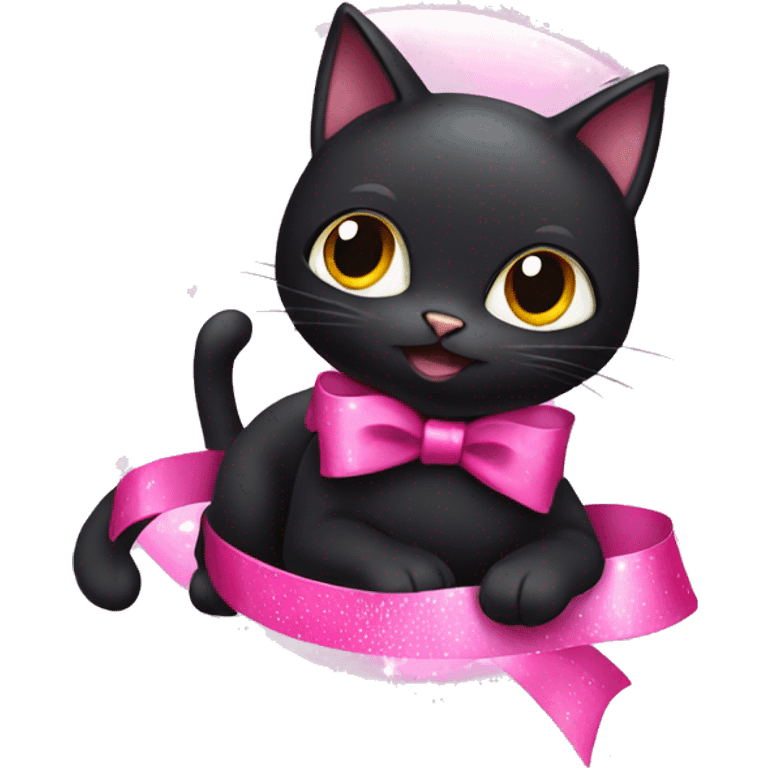 Black cat with pink ribbons and sparkles around it  emoji