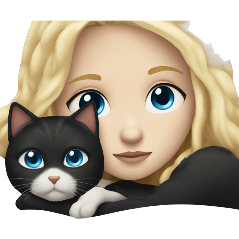 Blonde haired girl with blue eyes cuddled up in bed with black cat with gold eyes emoji