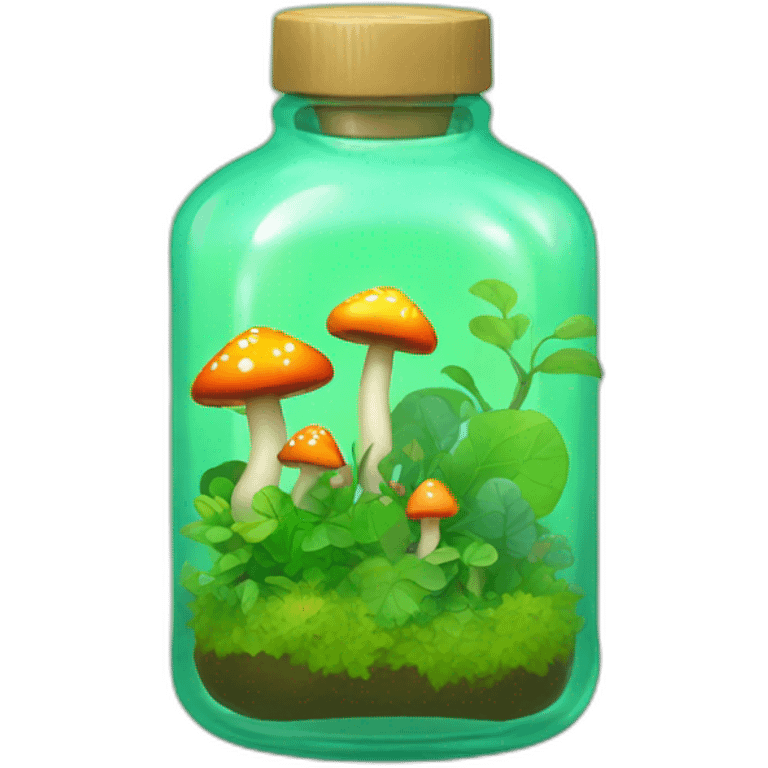 Bottle with green background and plants with rainbow mushrooms  emoji