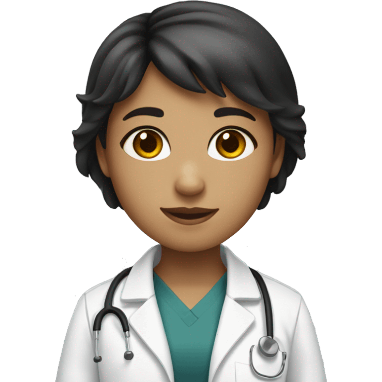 A girl with short brown hair and bangs,, white skin, wearing a black scrub with a lab coat  emoji