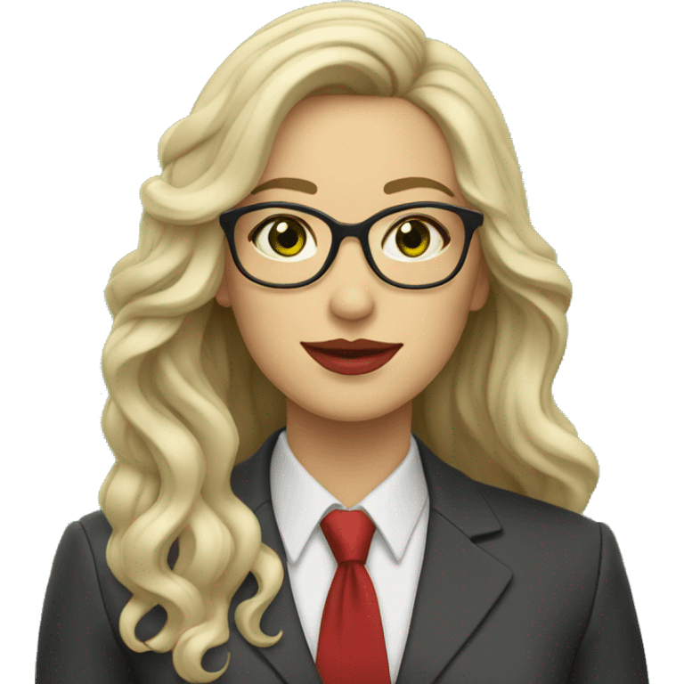 teacher wiht green eyes, long wavy hair, red lips , white glasses emoji