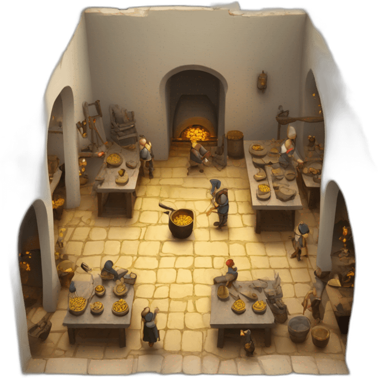 open floor plan of a medieval mint showing different people working, part of it is a furnace, part of it are people making gold coins emoji