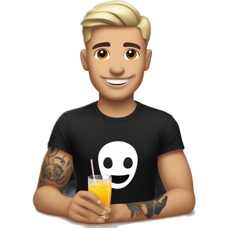 young bartender with white skin and tattoo on left the hand. he is wearing black t-shirt which has teeth-smile print in heart area. he is holding cocktail. emoji