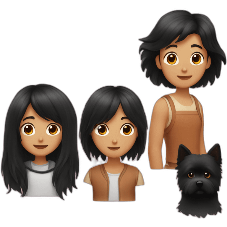 Men with Long black hair; girl with brown short hair; and black spitz dog emoji