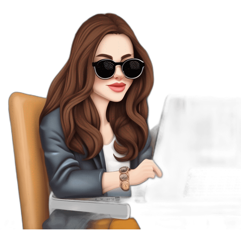 pale skin middle brown long hair woman with funny sunglasses and a laptop with a coffee sticker in it emoji