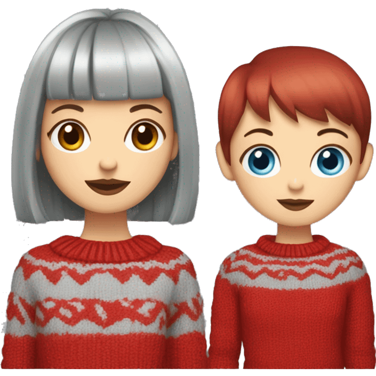 girl with short hair and bangs (a fringe) with blue eyes, long eyelashes and red lipstick in a red cable knit sweater holding a grey cat emoji