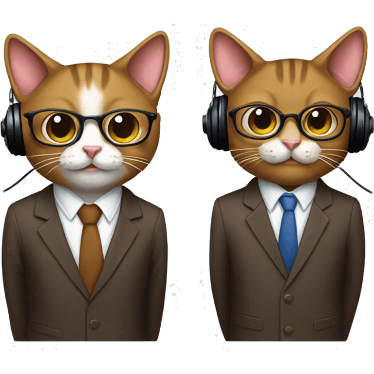 Two brown cats dressed in suits. Standing next to each other. One cat with glasses. both wearing headphones for a podcast. Happy faces. 
 emoji