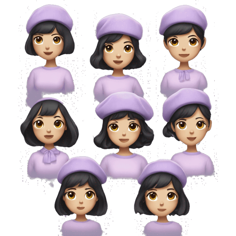 korean girl short black hair sharp jawline, attractive wearing a lilac sweater and beret and bow emoji