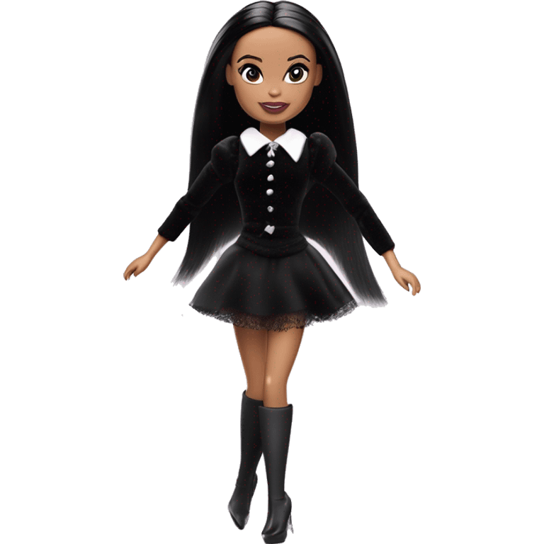  Bunny Wednesday Addams Barbie dancing.  Pretty face. Longer hair, short black flowing strapless evening gown with  plunging neckline that’s off-the-shoulders that also shows her legs and black shiny velvet high heel shoes. emoji