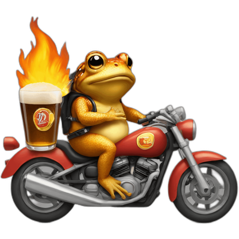 Toad in a motorbike with a beer in one and and fire exaut emoji