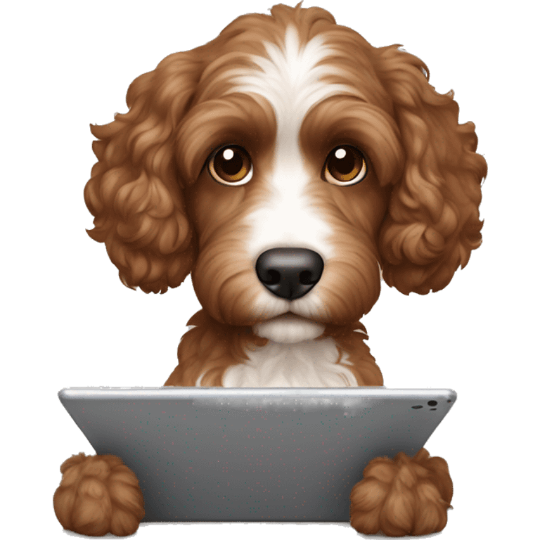 Brown cockapoo working on tablet emoji