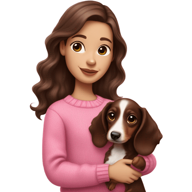 white girl with dark brown wavy hair in a pink sweater holds a dachshund chocolate and cream long haired puppy in her arms emoji