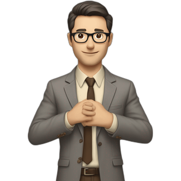 To belt Actively gesturing with hands Pale skinned fit man with dark brown hair in gray jacket, beige office shirt, brown tie, brown pants and vintage glasses. emoji