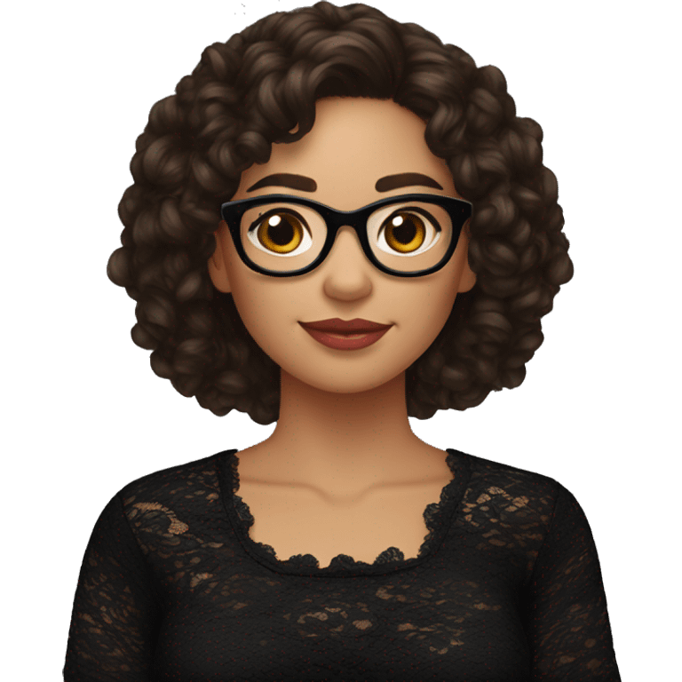 Hispanic woman with black glasses and long brown curly hair over the shoulder, holding yarn wearing a black lace shirt emoji