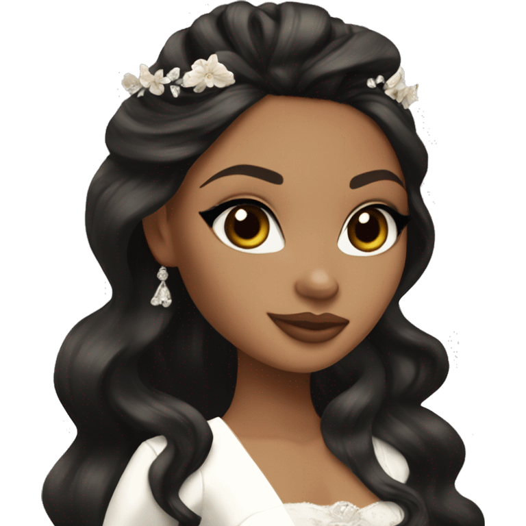 Bratz, bride, black wavy long hair, olive skin, brown almond cat eyes emoji